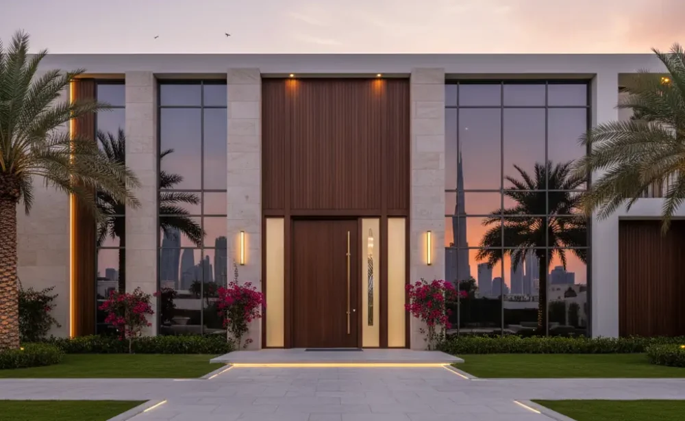 A modern solid wooden front Door & Window Installation in Dubai on a villa by Lime Hut.