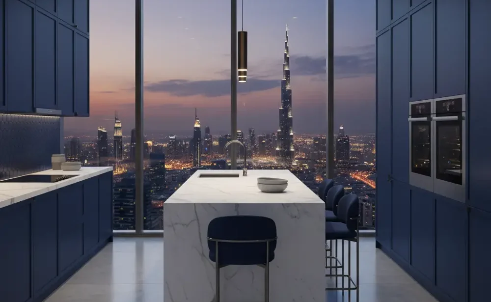 Kitchen Remodeling in Dubai | Lime Hut 1 Modern Kitchen Remodeling in Dubai with a large quartz island and custom cabinets