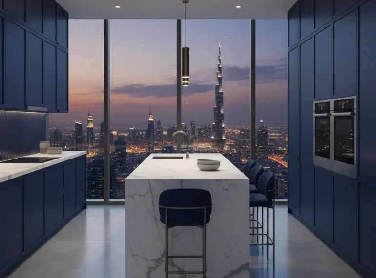 Modern Kitchen Remodeling in Dubai with a large quartz island and custom cabinets