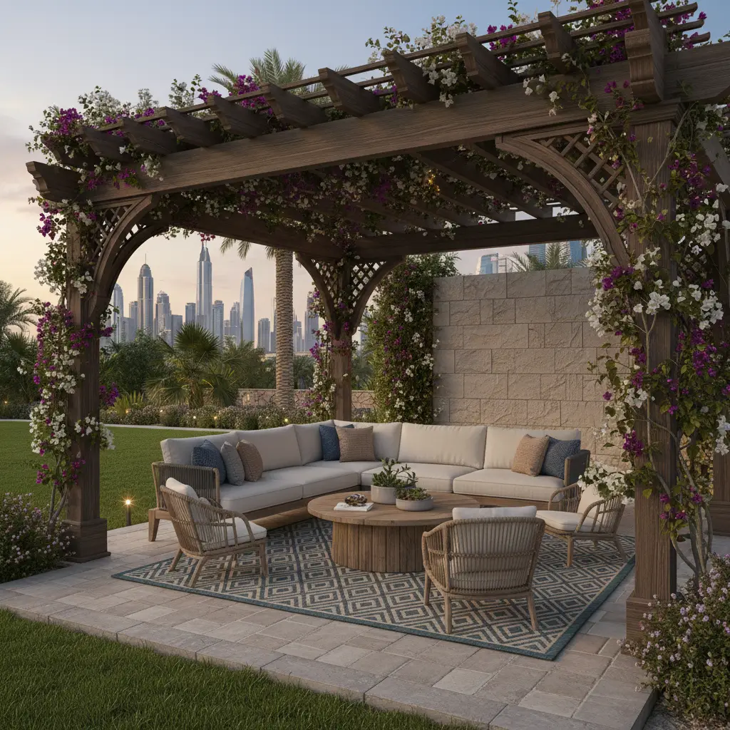 Luxury villa landscaping company in Dubai with a swimming pool and custom pergola design-01