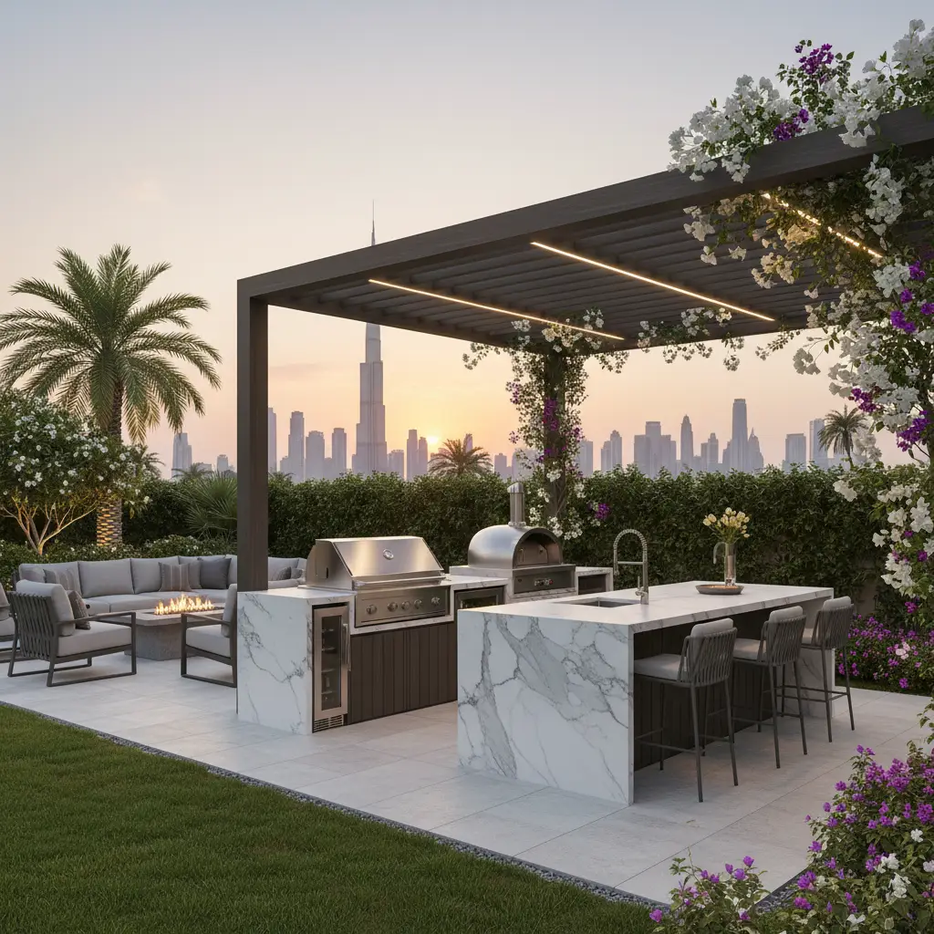 Luxury villa landscaping company in Dubai with a swimming pool and custom pergola design-02