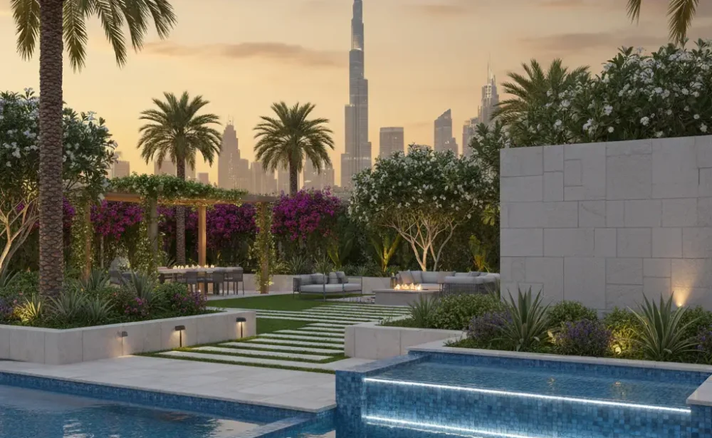 Luxury villa landscaping company in Dubai with a swimming pool and custom pergola design
