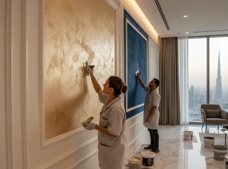 A bright, modern living room after a professional interior Painting Services in Dubai.