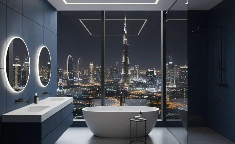 Luxury Bathroom Renovations in Dubai featuring a walk-in shower and freestanding tub.