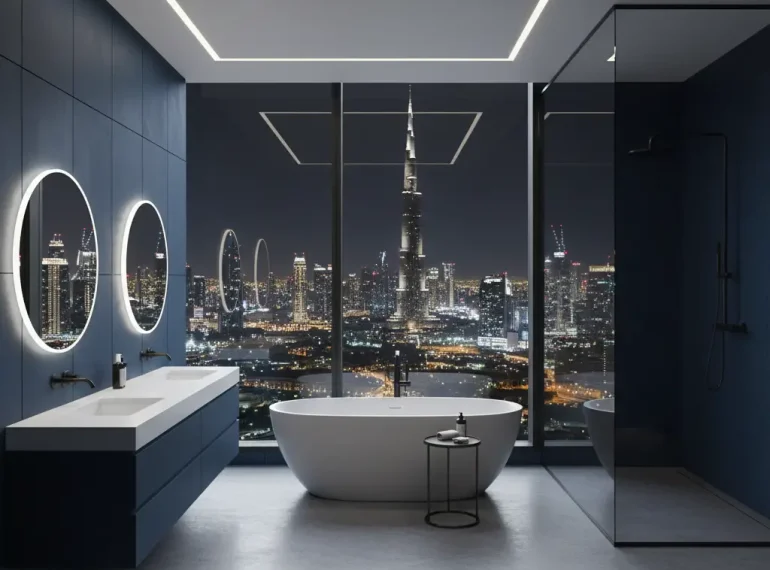 Luxury Bathroom Renovations in Dubai featuring a walk-in shower and freestanding tub.